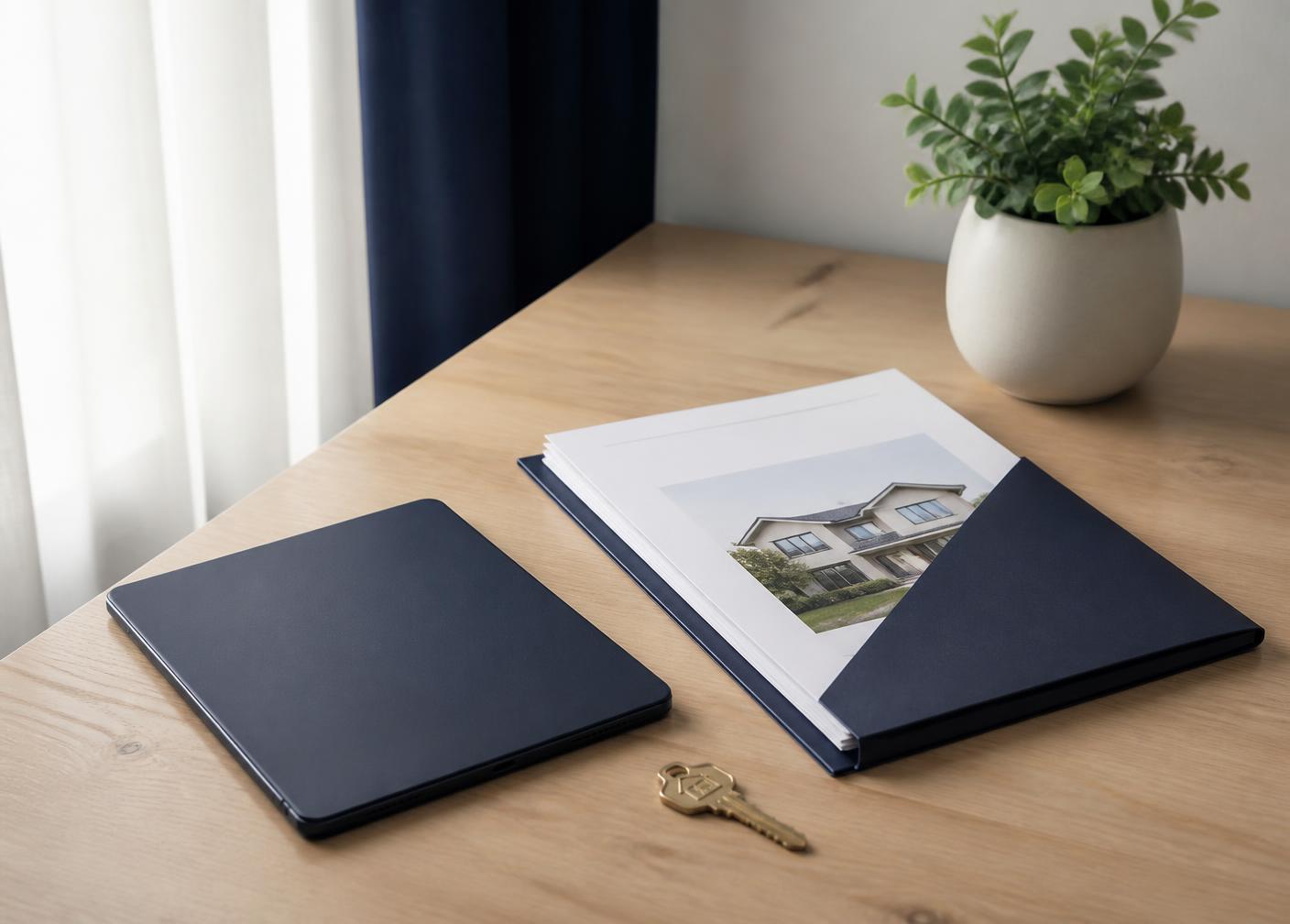 Home documents, a key, and a navy folder on a table